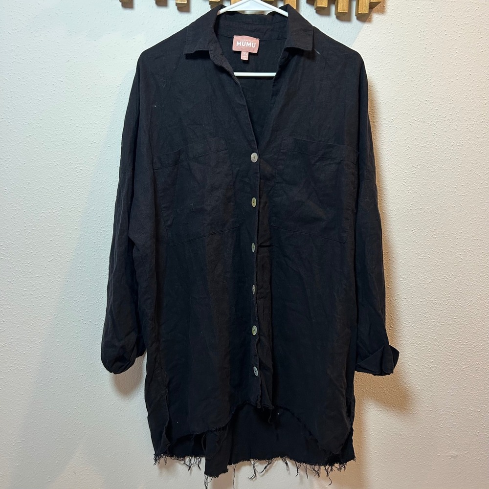 SHOW ME YOUR MUMU Black Linen Blend Oversized Button Down Shirt Dress XS